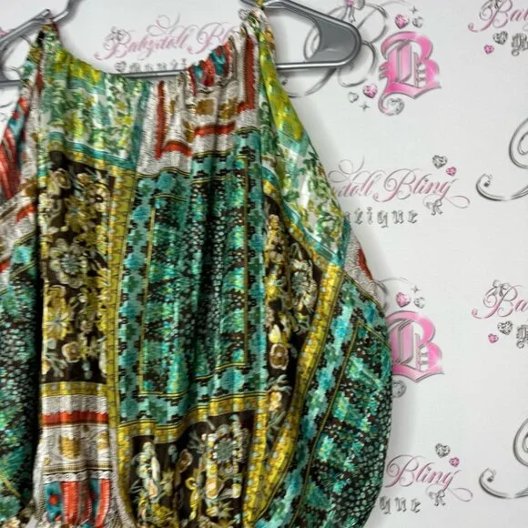 Costa Blanca open shoulder blouse top shirt paisley boho silky shimmer keyhole - Picture 11 of 12